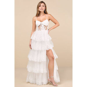 Lulus Alluring Sensation White Tulle Embroidered Tiered Maxi Dress - Size S